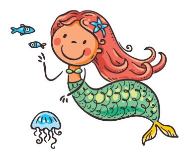 Denizkızı gibi peri masalı kostümü giymiş bir çocuk.