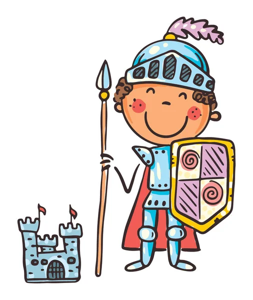 Criança em traje de personagem de conto de fadas como cavaleiro, clipart dos desenhos animados — Vetor de Stock