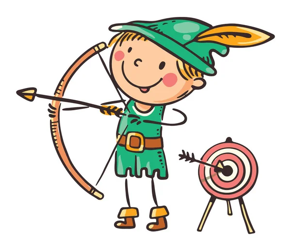 Kind in kostuum van sprookjesfiguur als Robin Hood, cartoon clipart — Stockvector