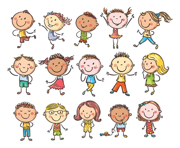 Conjunto de dibujado a mano lindo dibujos animados garabatos niños. Niños felices diferentes culturas y color de piel — Vector de stock