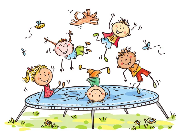 Cartoon happy cute funny doodle kids jumping on trampoline — Stock Vector