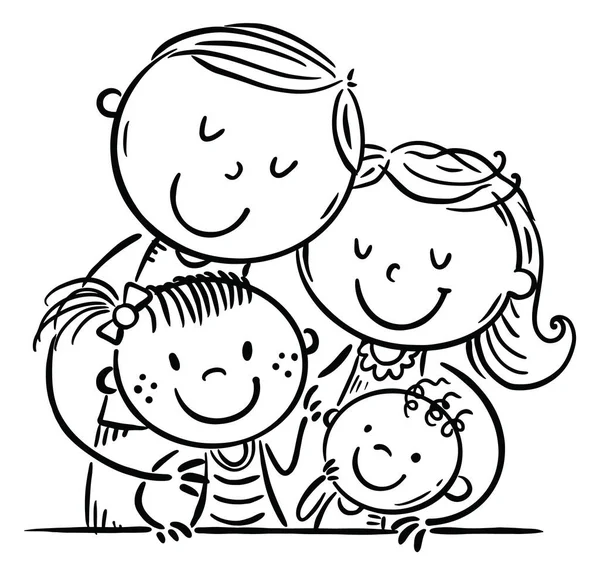 Hugging kids parents embrace their children, outline cartoon image — Stock Vector