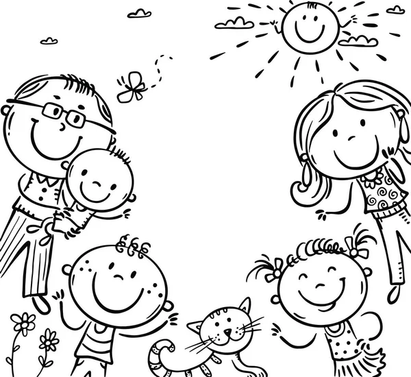 Karikatura šťastný roztomilý čmáranice rodina banner nebo rám, obrys tyč postava — Stockový vektor
