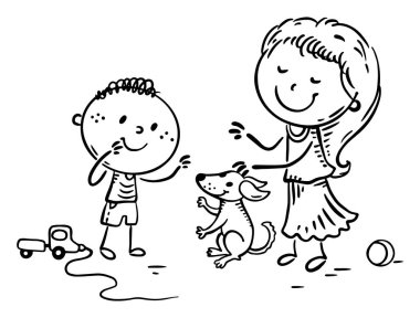 Anne ve çocuk köpekleri ile oynuyorlar, çizgi film siyah ve beyaz vektör çizimleri.