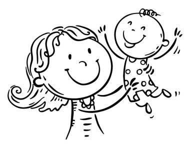 Çocuğuyla oynayan bir annenin siyah beyaz çizimi.