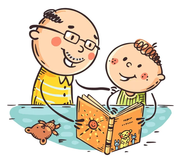 Μικρό Αγόρι Που Διαβάζει Ένα Βιβλίο Τον Παππού Του Κολλάει — Διανυσματικό Αρχείο