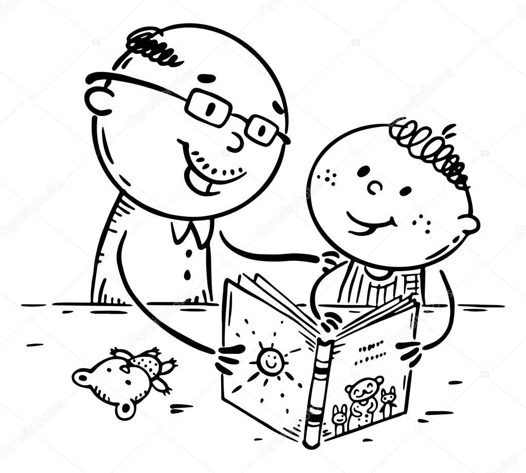 Grandparent with grandchild reading a book, outline cartoon illustration