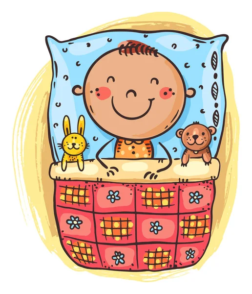 Cartoon Doodle Bambino Che Dorme Nel Suo Letto Immagine Vettoriale — Vettoriale Stock