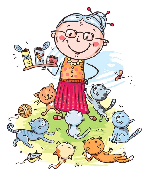 Abuela Alimentación Gatos Gato Señora Vector Ilustración — Archivo Imágenes Vectoriales