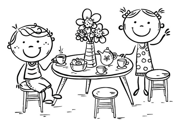 Doodle cartoon kids drinking tea, black and white vector illustration