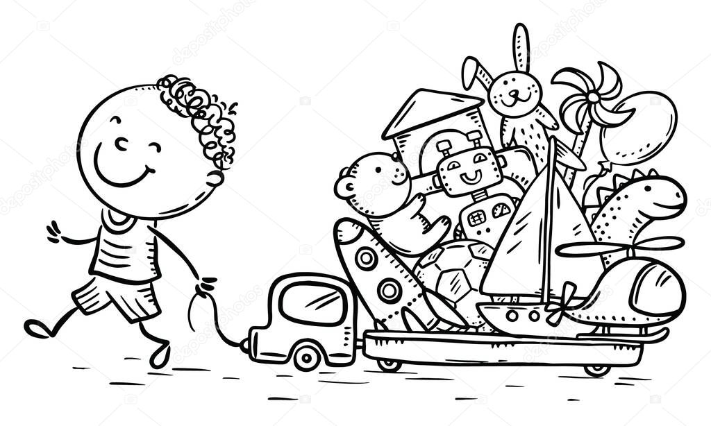 Coloring page of a child playing with toys