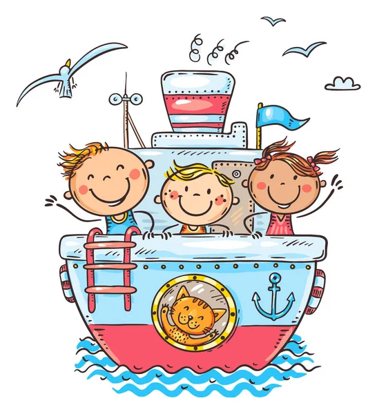 Hand Drawn Illustration Children Sail Away Ship Wave — Stock Vector