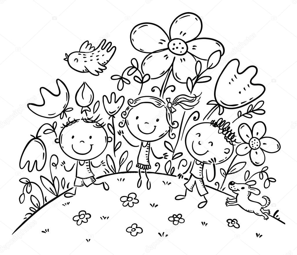 Hand drawn outline vector illustration of children on flowering hill