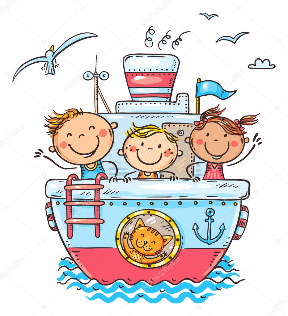 Hand drawn illustration of children sail away on a ship and wave