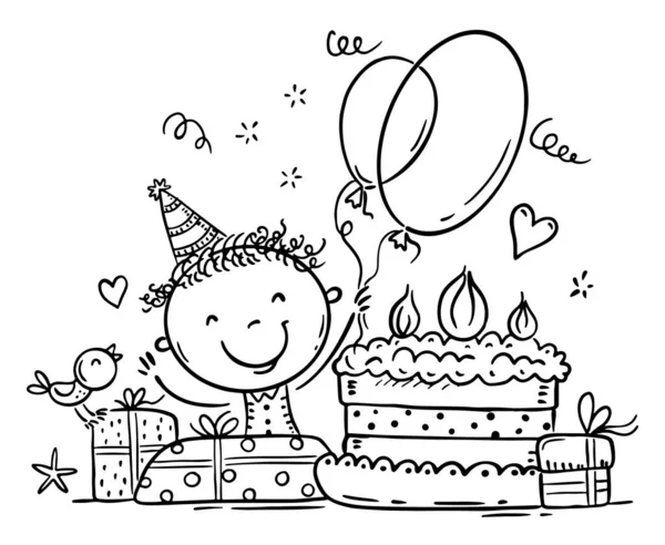 Kreskówka Szczęśliwy Doodle Dziecko Urodziny Clipart Kolorowanki — Wektor stockowy