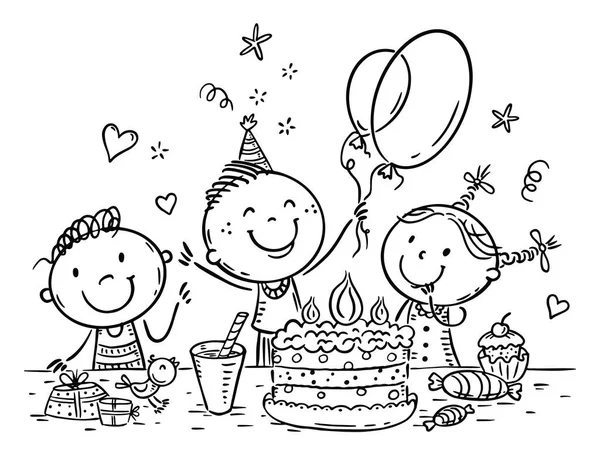 Çocukların Doğum Günü Partisinin Çizimi Vektör Çizimi Boyama Sayfası — Stok Vektör