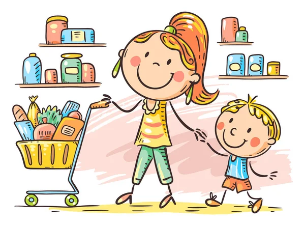 Cartoon Doodle Mamma Figlio Supermercato Con Carrello Della Spesa — Vettoriale Stock