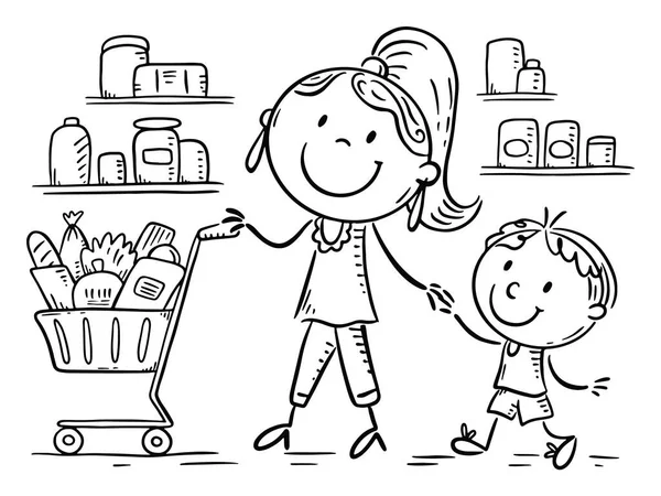 Handritad Skiss Illustration Familj Shopping — Stock vektor