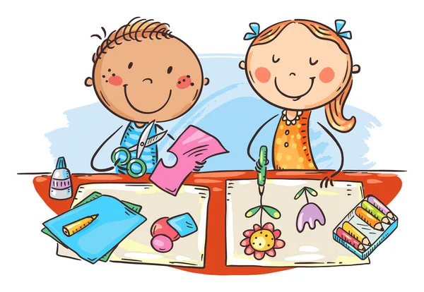 Cartoon Doodle School Kids Enjoy Crafting Together Creative Activities Colorful — Stock Vector