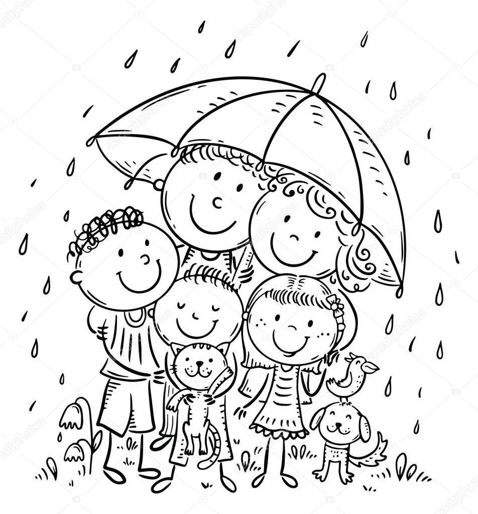 Coloring page of family under an umbrella in the rain