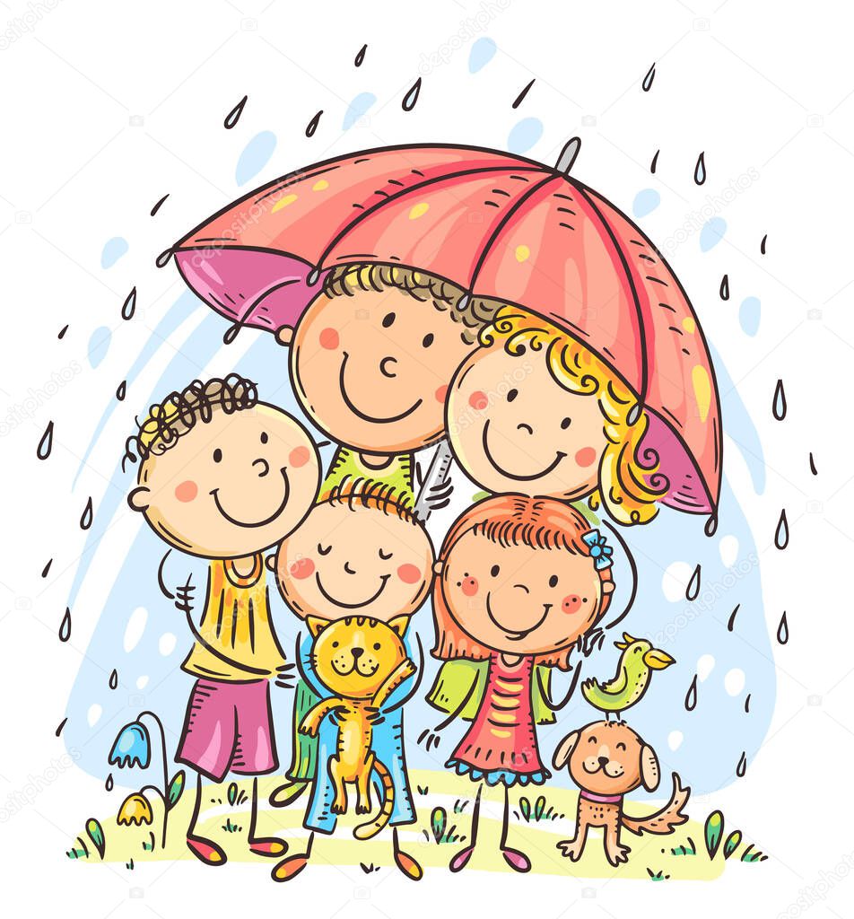 Cartoon happy friendly family under an umbrella in the rain