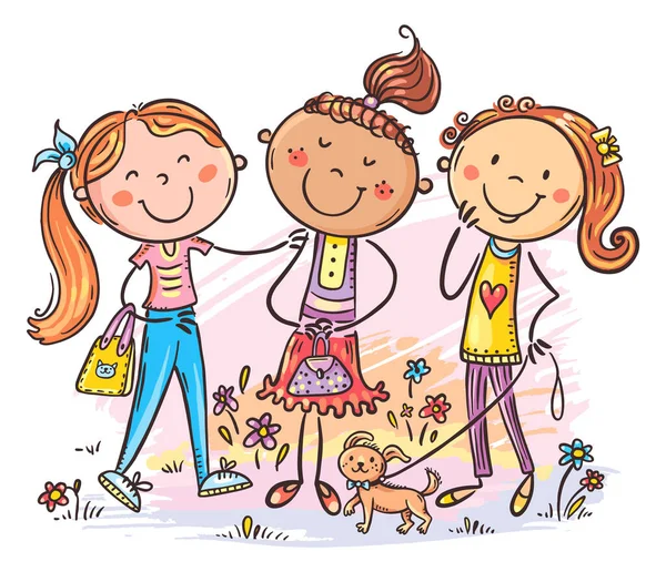 Carino Cartone Animato Doodle Ragazze Adolescenti Amici Una Passeggiata Illustrazione — Vettoriale Stock