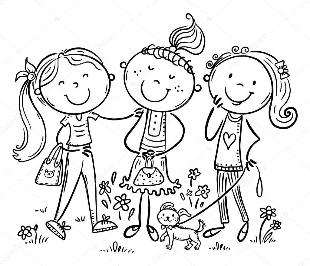 Hand drawn doodle girls teens friends smiling and walking in the park, black and white image