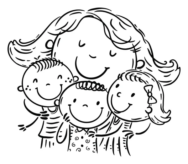 Outline Illustration Mother Embracing Children — Stock Vector