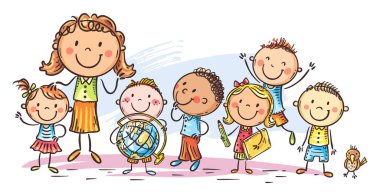 Happy doodle schoolkids with their teacher, school or kindergarten. Cartoon colorful illustration clipart clipart