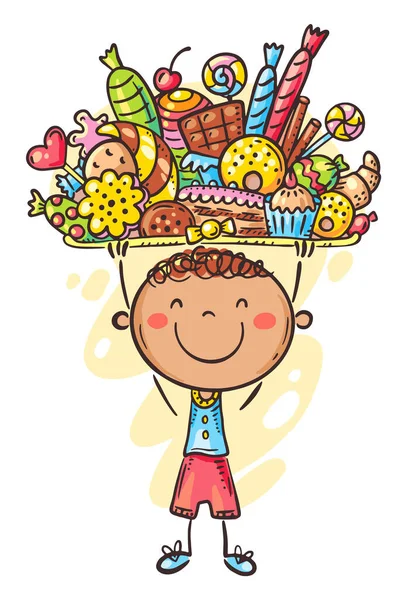 Karikatur Kleiner Junge Mit Süßigkeiten — Stockvektor