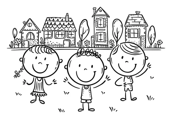 街の背景に小さな子供たちの線画 漫画の町のクリップアートのイラスト — ストックベクタ