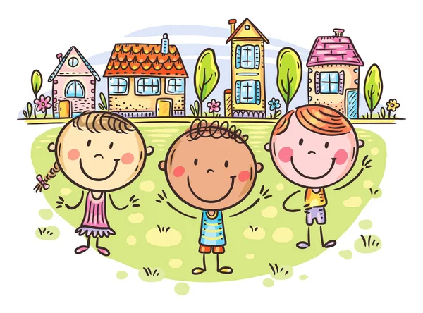 Happy Kids Standing City Background Illustration Cartoon Town Clipart - Stok Vektor