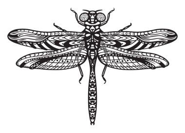 Çıkartmalar, dövmeler ve tasarımlar için yusufçuk çizimi. Vektör ana hatları böcek kırpma parçacığı