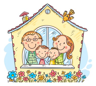 Happy cartoon family in the house, vector illustration clipart