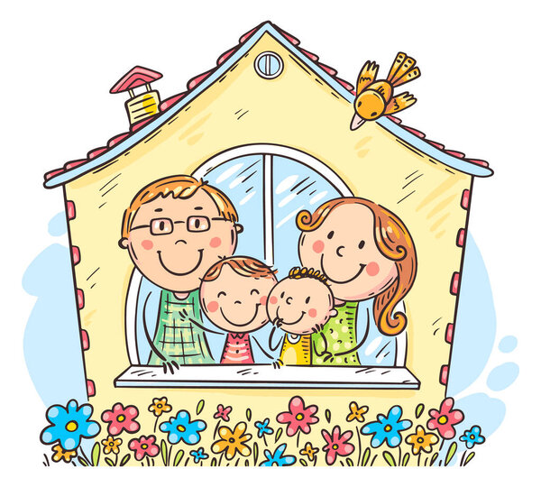 Happy cartoon family in the house, vector illustration