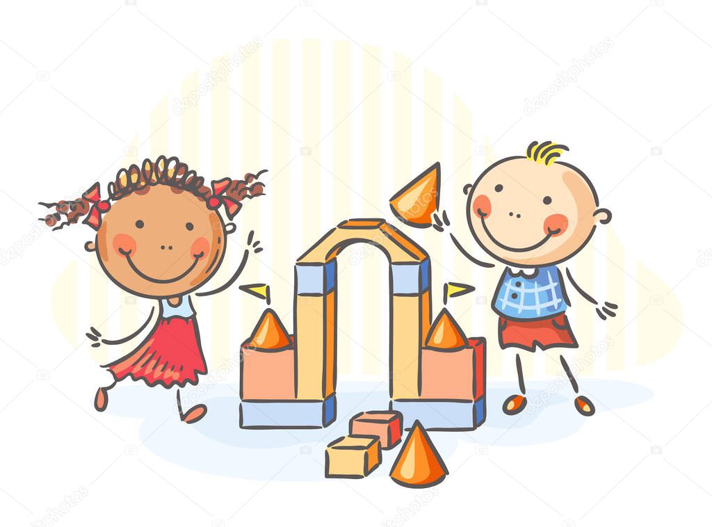 Illustration of children playing with blocks, colorful vector