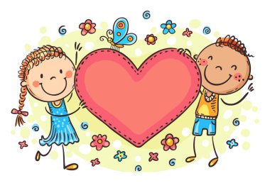 Boy and girl holding heart with a blank space for your text, vector illustration