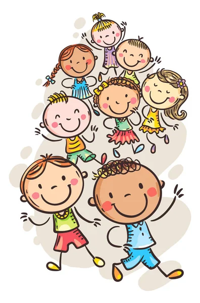 Crowd Happy Kids Playing Outdoors Hand Drawn Vector Clipart Illustration — ストックベクタ