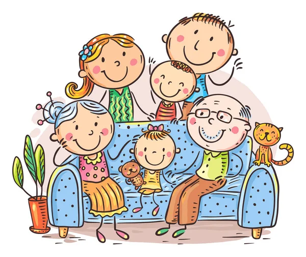 Happy Big Family Sitting Living Room Sofa — Stock Vector