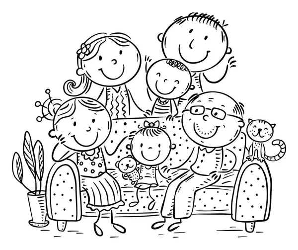 Happy Big Family Sitting Living Room Sofa Outline Illustration — Stockvektor