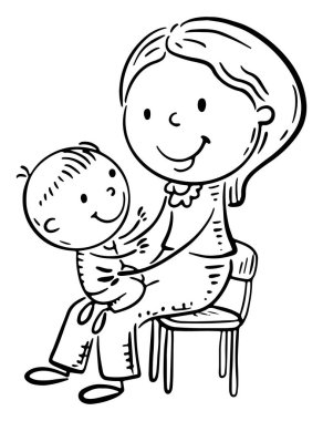 Mutlu çizgi film anne bir çocukla oynuyor, ana hatlı vektör çizimi
