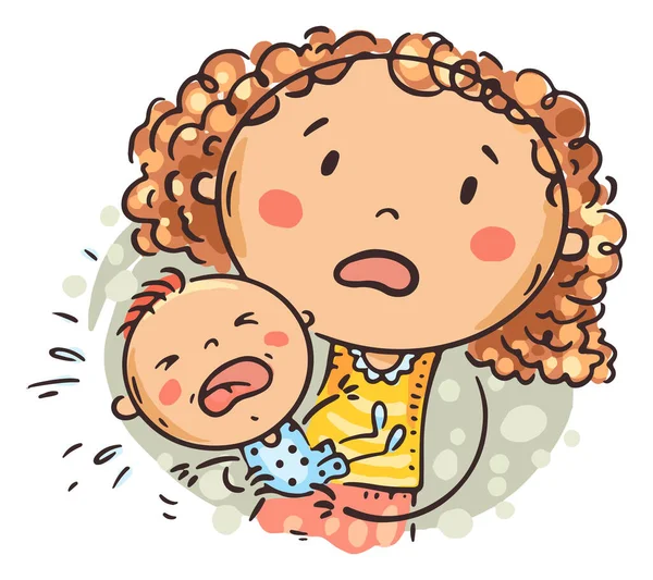 Illustration Baby Crying Mother Panic Vector Clipart — Stock Vector