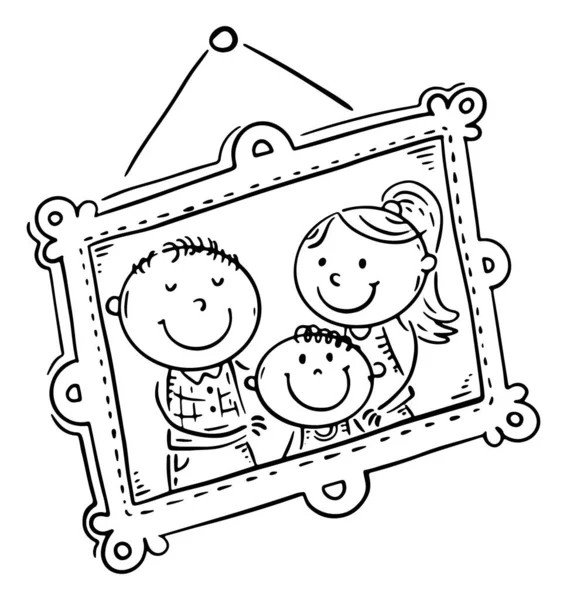 Illustration Happy Family Portrait Frame Wall Photo Memory Outline Vector — ストックベクタ