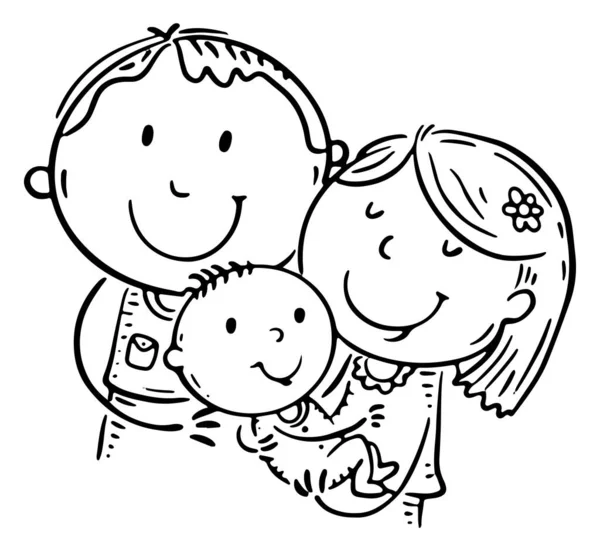 Cartoon Doodle Parents Hugging Child Mother Father Embrace Son Line — ストックベクタ