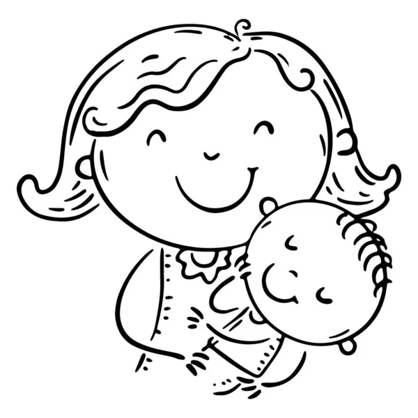 Doodle Family Clipart Mother Embracing Baby Outline Vector Illustration - Stok Vektor