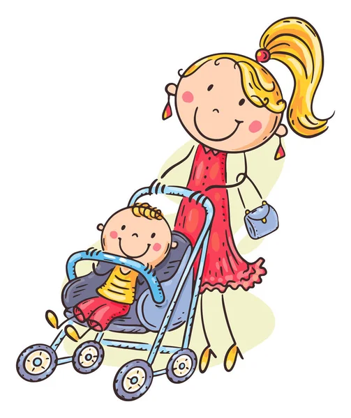 Illustration Mom Walks Her Son Baby Stroller — Stockvektor