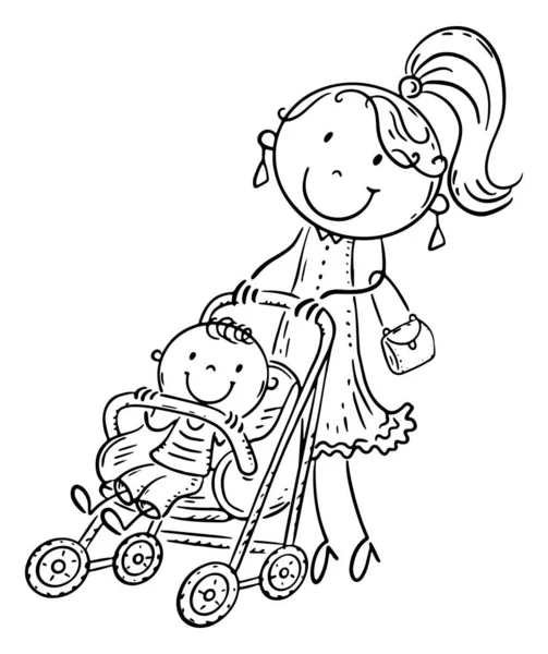 Line Drawing Mom Walks Her Son Baby Stroller — Vector de stock