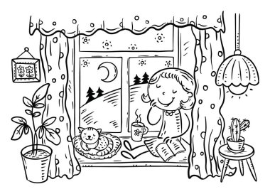 Vector character girl drinks tea in the evening sitting with her cat on the windowsill, cartoon outlline illustration clipart