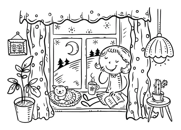 Vector Character Girl Drinks Tea Evening Sitting Her Cat Windowsill - Stok Vektor