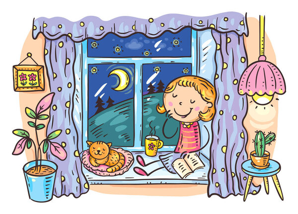 Vector character girl drinks tea in the evening sitting with her cat on the windowsill, cartoon illustration clipart